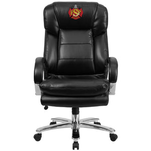 Front view of a custom embroidered firefighter chair with black bonded leather with wheels and swivel capability