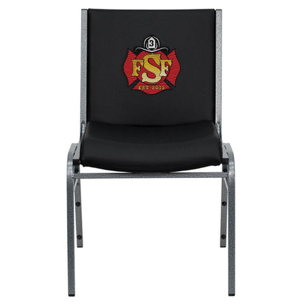 Front view of a custom logo firehouse chair in black with 18 gauge steel frame and silver vein powder coated frame finish