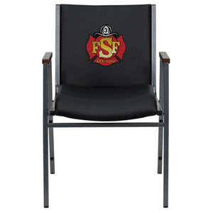 Front view of black vinyl, heavy-duty stack, custom fire station chair with arms and silver vein powder coated frame finish