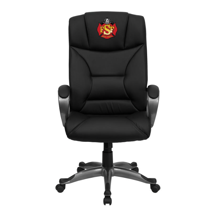Front view of custom embroidered fire station chair with high-back and loop arms