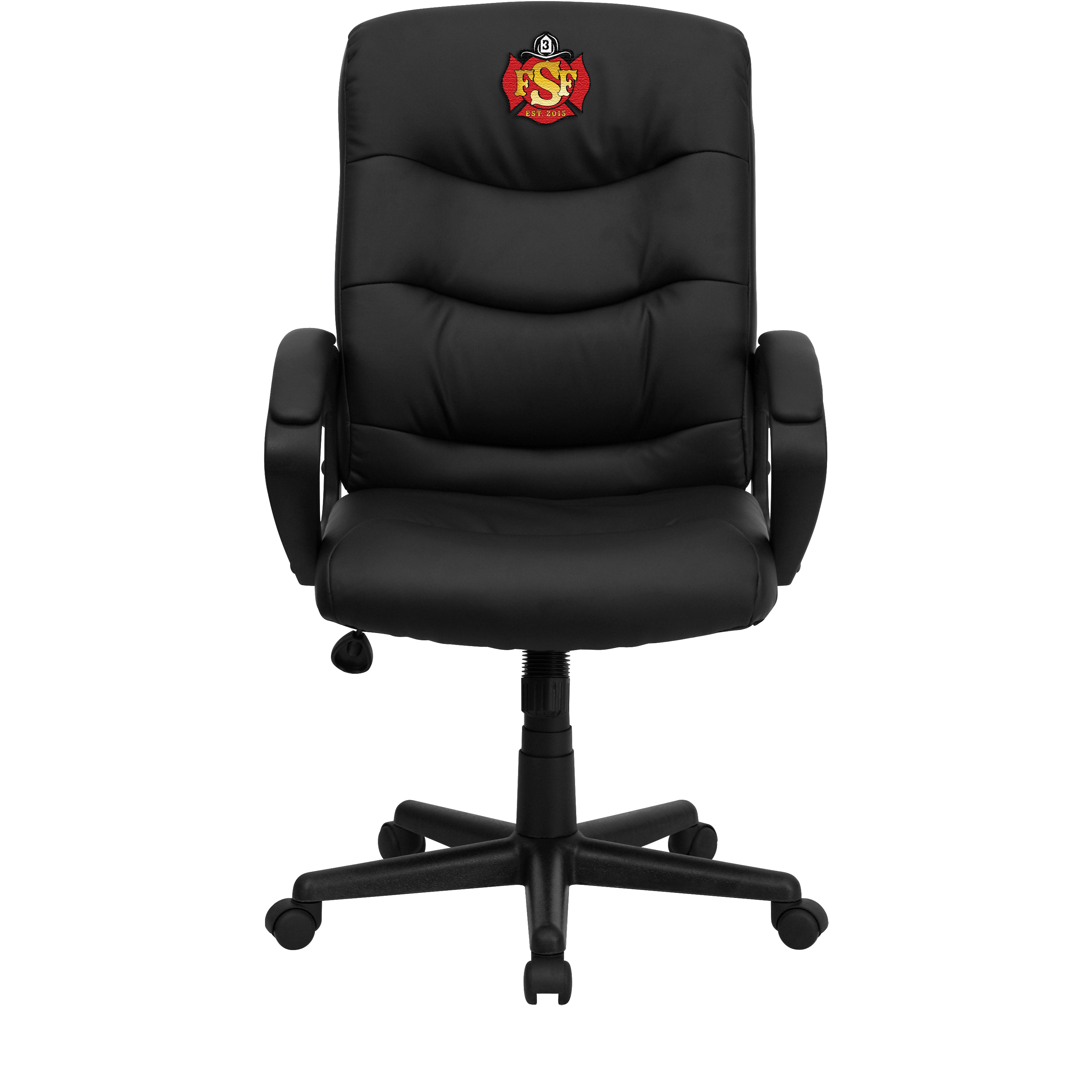 Black, synthetic leather, mid-back, swivel, custom firefighter chair with embroidered fire station logo