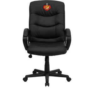 Black, synthetic leather, mid-back, swivel, custom firefighter chair with embroidered fire station logo