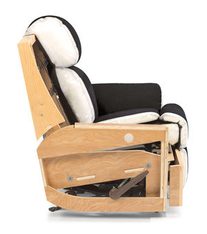 Inside view of the firefighter recliner made with a metal seat box, plywood frame, and hospitality-grade synthetic leather.