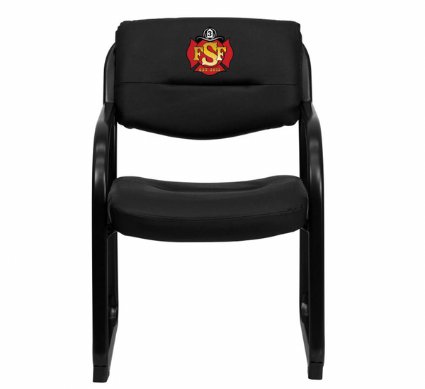 Front view of a black, custom embroidered sled base firefighter chair with logo, plastic armrests and a powder coated steel sled base