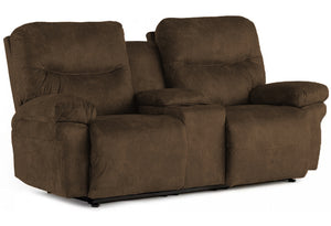 Light brown colored console fire station loveseat with two seats connected with a console in between with storage and two drink cup holders
