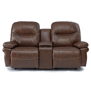 Front view of brown, dual, manual reclining Duty-Built Engine leather console loveseat firehouse recliners