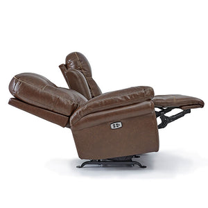 Side view of reclined, brown, Duty-Built Engine leather console loveseat firehouse recliners 