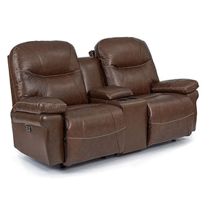 Angled side view of brown, dual, manual reclining Duty-Built Engine leather console loveseat firehouse recliners