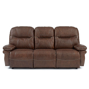 Front view of the cocoa brown Duty-Built Engine Leather Double Reclining Firehouse Sofa with three seats