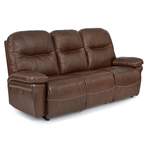 Angled side view of the cocoa brown Duty-Built Engine Leather Double Reclining Firehouse Sofa with three seats