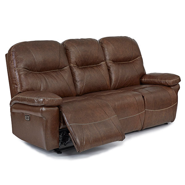 Side view of the cocoa brown Duty-Built Engine Leather Double Reclining Firehouse Sofa with three seats, with one slightly reclined