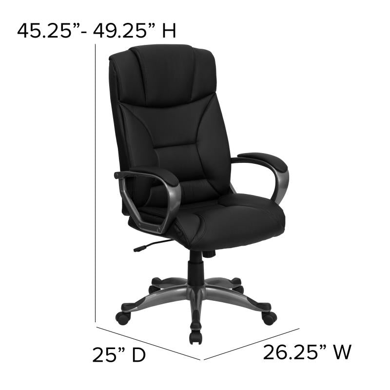 Angled side view of a black High-Back Executive Swivel Office Dispatcher Chair with Loop Arms with dimensions listed 45.25''-49.25'' H, 25'' D, 26.25'' W