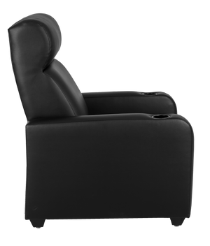 Side view of black, hospitality-grade synthetic leather, theater-style fire department recliner 