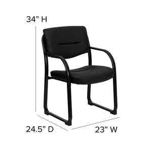 Black sled base fire station chair with plastic armrests and black vinyl upholstery and dimensions listed 34'' H, 24.5 D, 23'' W