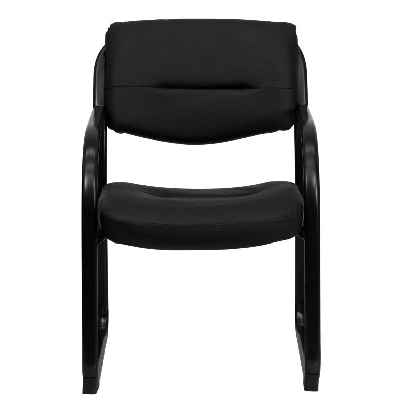 Front view of a black sled base fire station chair with plastic armrests and black vinyl upholstery