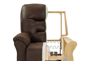 Duty-Built Station Basics Fireman Recliner in the color walnut, cut in half to show the inside construction on one side of the recliner