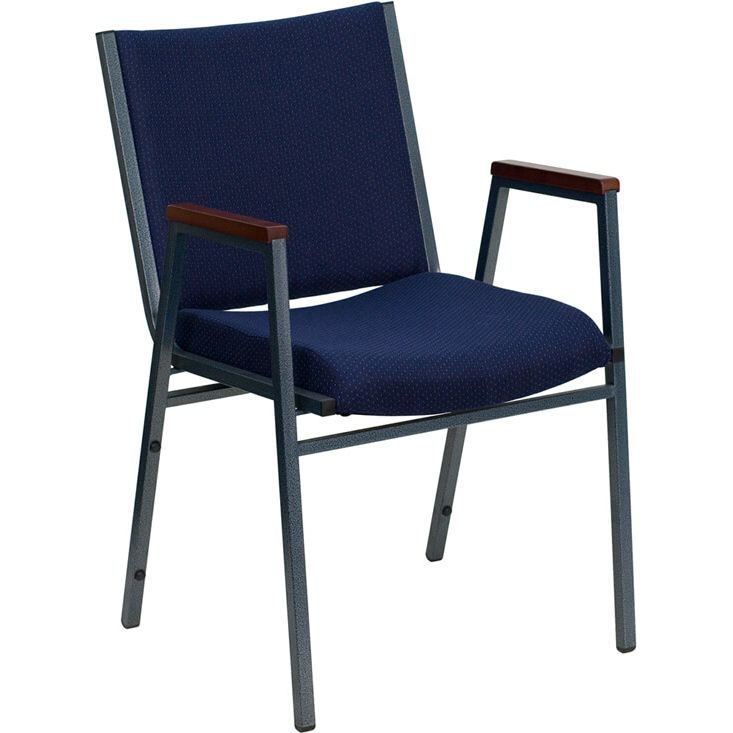 Navy blue dot fabric heavy-duty stack fire station chair with arms and silver vein powder coated frame finish