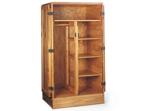 Large, solid-wood wardrobe open with shelves for a fire station bedroom 