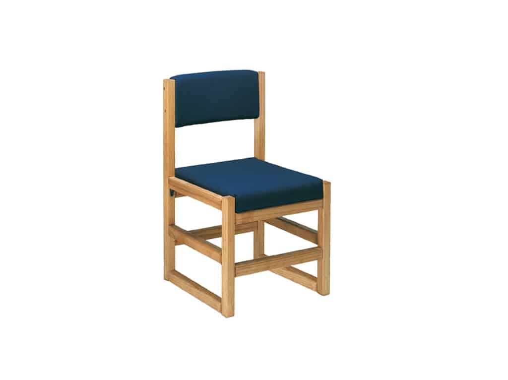 Wood framed firefighter chair with sled base, upholstered seat and back