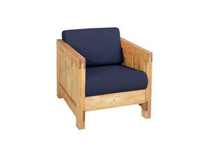 Wood firefighter chair with navy cushions 