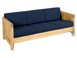 Wooden firehouse sofa with three seats and navy cushions