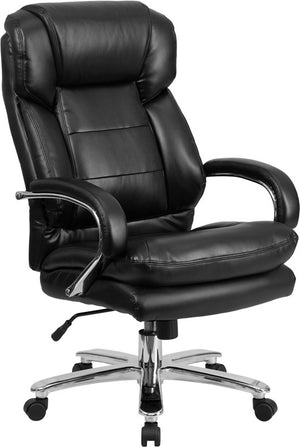 Side view of a black leather executive firehouse chair with loop arms and swivel capability on wheels