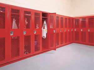 Red, metal, single-tier fire department lockers