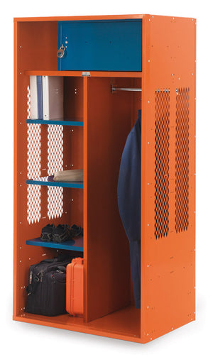 Orange, metal turnout fire station locker with shelves and gear hanging and on shelves