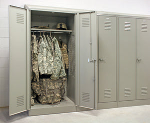 Patriot metal gear locker for firehouse open with gear hanging and on shelves
