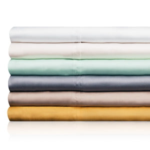 Woven Tencel Lyocell Sheet Set for the firehouse in six colors folded on top of one another